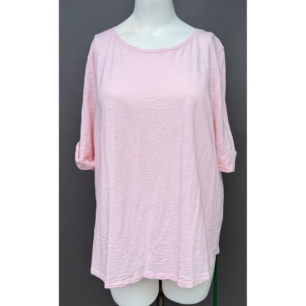 Talbots Plus Sz 2X‎ Pink Slub Knit Tee Cuffed Sleeve Cotton Modal Scoop Neck Top